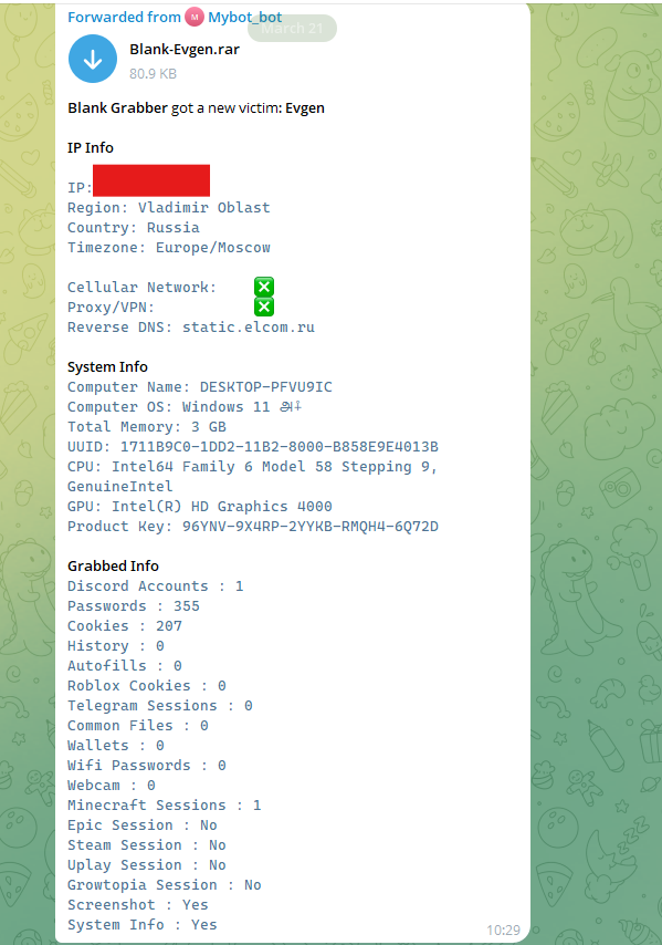 Blank Grabber victim report - Evgen