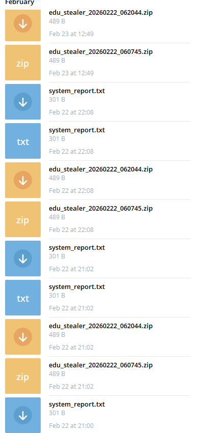 EduStealer log history - system_report.txt and ZIP archives