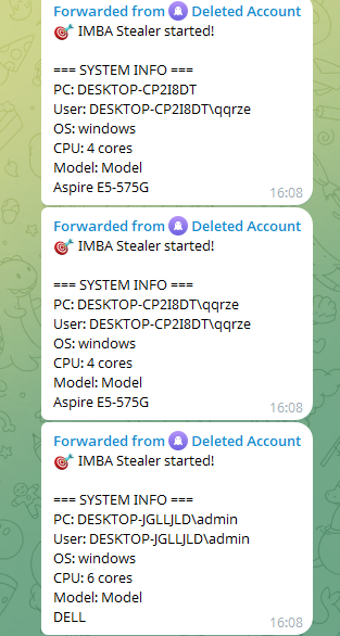 IMBA Stealer initial system info notification