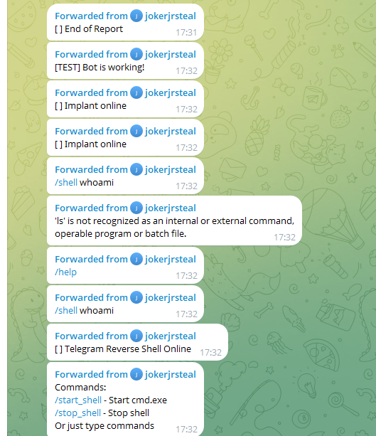 Joker SHELL Telegram reverse shell session and operator interaction