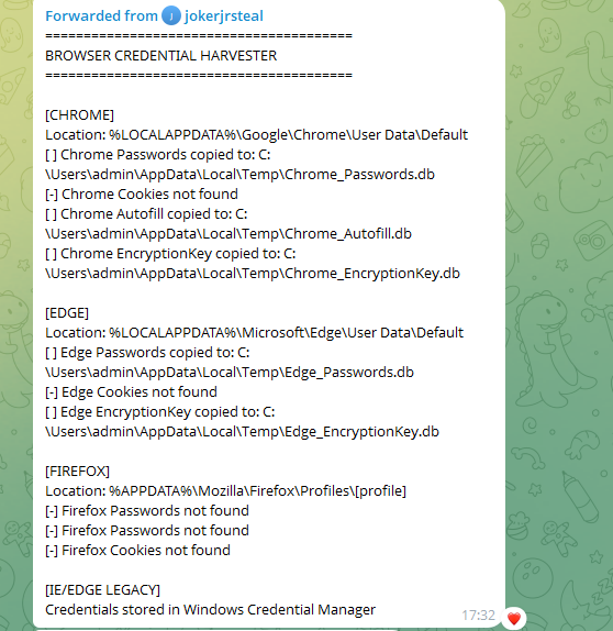 Joker SHELL browser credential harvester output