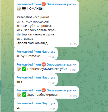 Naytilyss RAT command set and live session on actor's own machine