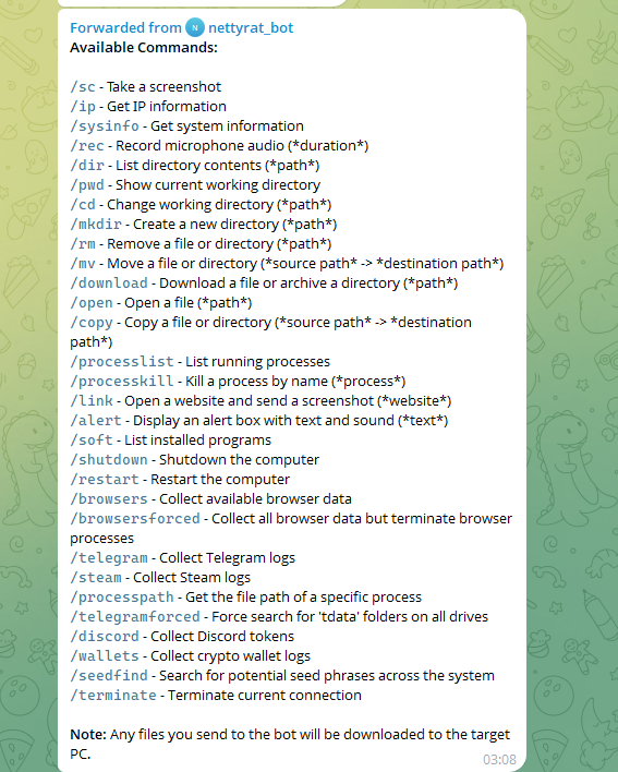 NettyRat available command list via Telegram bot