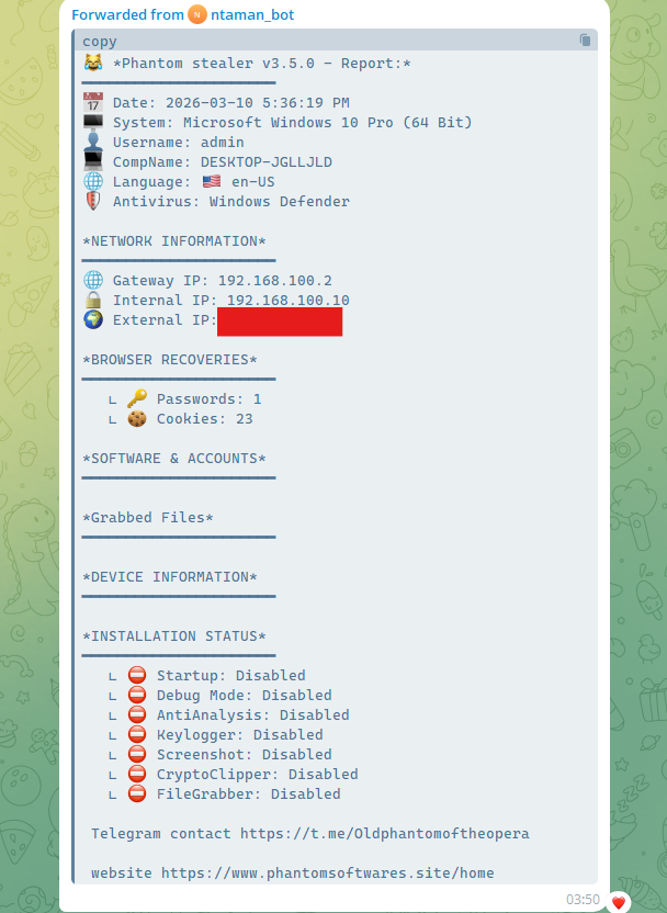 Phantom Stealer v3.5.0 Telegram report