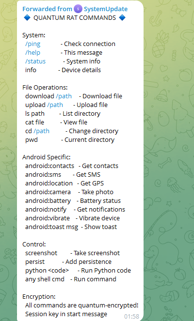 Quantum RAT full command list via Telegram bot