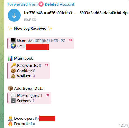 Raven Stealer Telegram notification with From: Un1x attribution