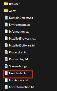 Raven Stealer log structure with UnixStealer.txt exposed