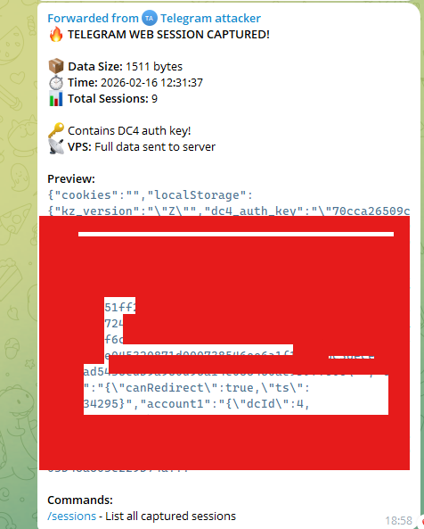 Telegram session stealer DC4 auth key capture