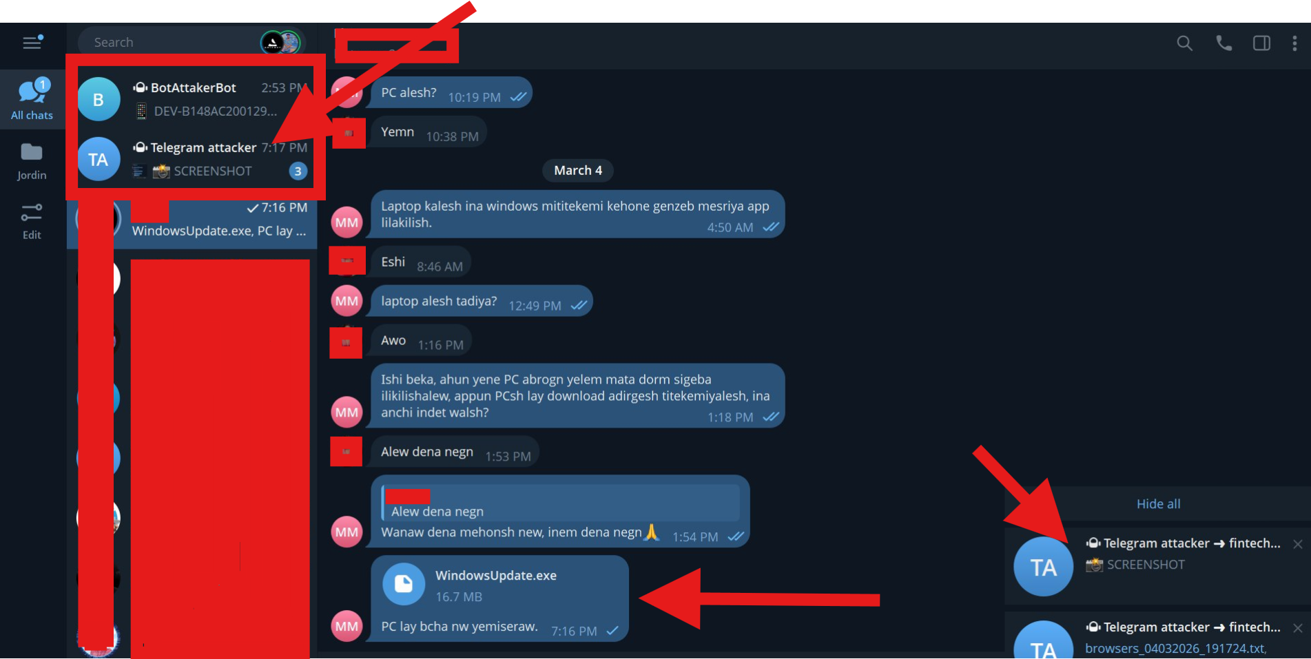 Threat actor's Telegram account showing own bot active and active infection attempt