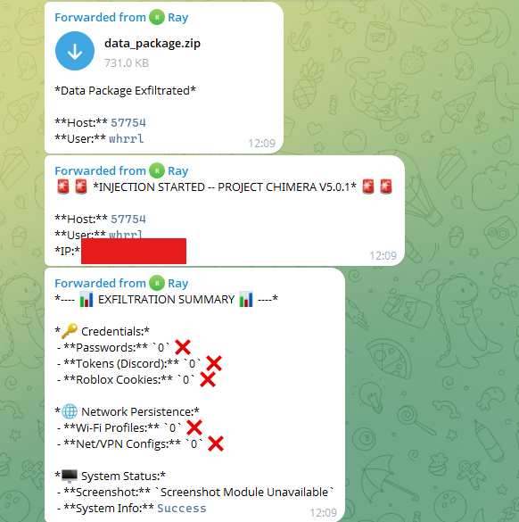 Project Chimera V5.0.1 injection and exfiltration summary